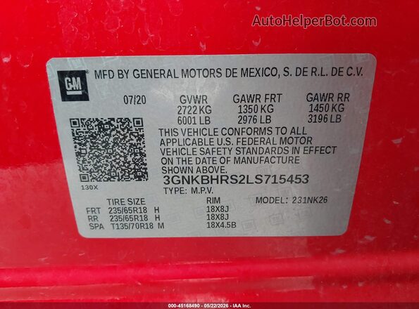 3GNKBHRS2LS715453 2020 CHEVROLET BLAZER Red 