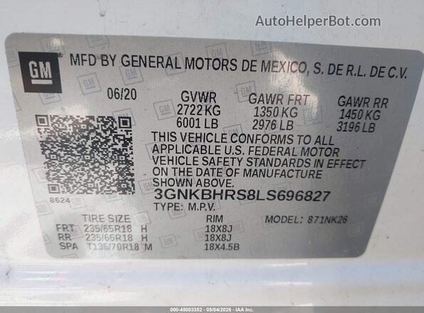 3GNKBHRS8LS696827 2020 CHEVROLET BLAZER White 