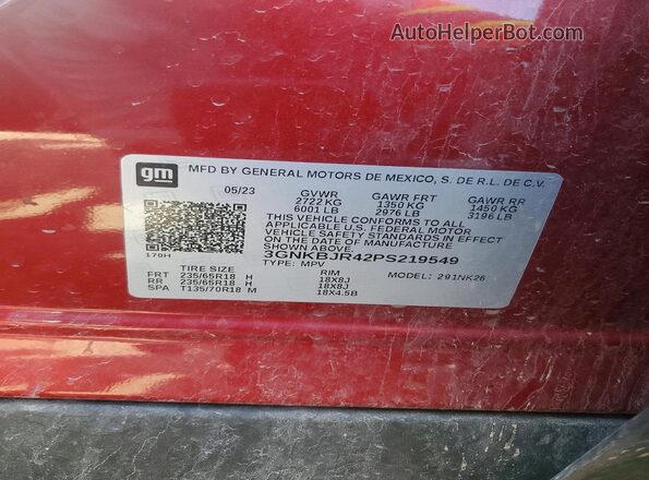3GNKBJR42PS219549 2023 CHEVROLET BLAZER Burgundy VIN sticker view