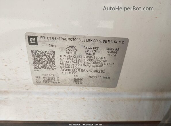 3GNKBJRS6KS696251 2019 CHEVROLET BLAZER Белый Вид подкапотного пространства