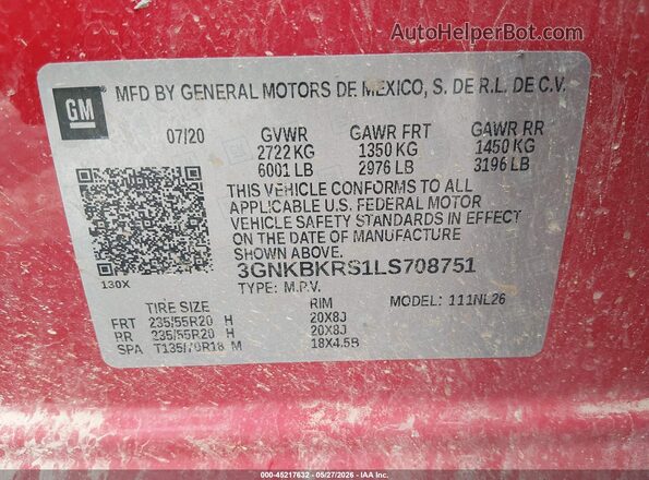 3GNKBKRS1LS708751 2020 CHEVROLET BLAZER Red Вид підкапотного простору