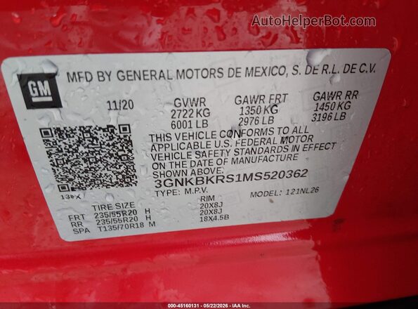 3GNKBKRS1MS520362 2021 CHEVROLET BLAZER Red Շարժիչի բաժամունքի տեսք