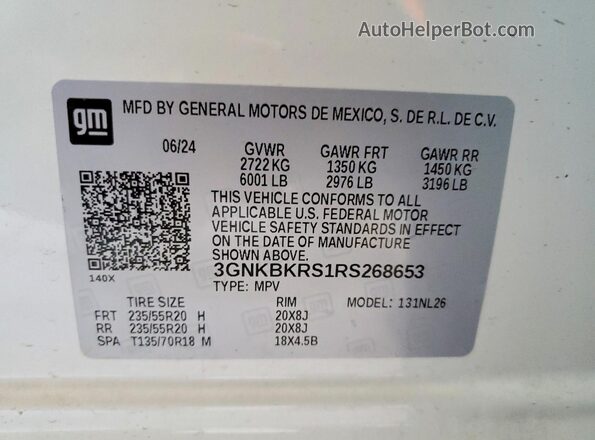 3GNKBKRS1RS268653 2024 CHEVROLET BLAZER White Вид наклейки з VIN-кодом