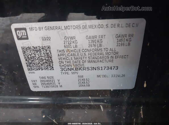 3GNKBKRS3NS173473 2022 CHEVROLET BLAZER Black 