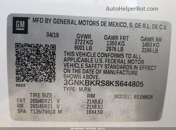 3GNKBKRS8KS644805 2019 CHEVROLET BLAZER Белый 