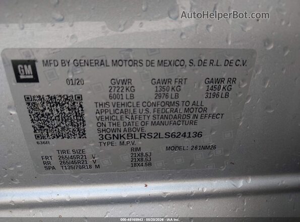 3GNKBLRS2LS624136 2020 CHEVROLET BLAZER Silver Շարժիչի բաժամունքի տեսք