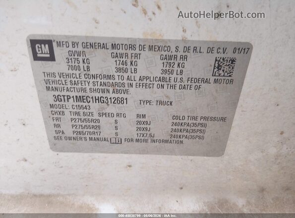 3GTP1MEC1HG312681 2017 GMC SIERRA White Widok komory silnika