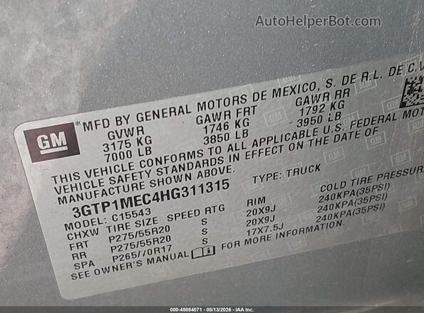 3GTP1MEC4HG311315 2017 GMC SIERRA Gray Engine compartment view