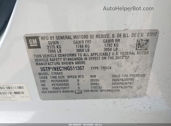 3GTP1NEC7HG511367 2017 GMC SIERRA White ძრავის განყოფილების ხედი