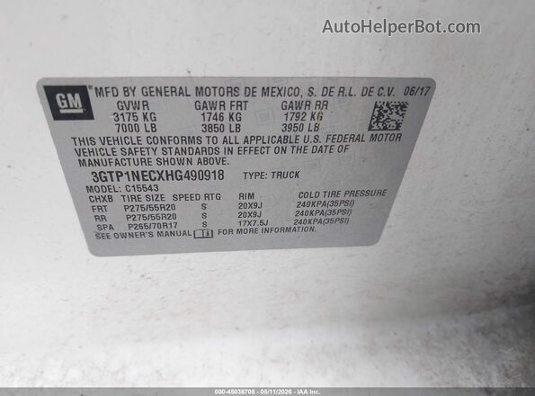 3GTP1NECXHG490918 2017 GMC SIERRA White ძრავის განყოფილების ხედი