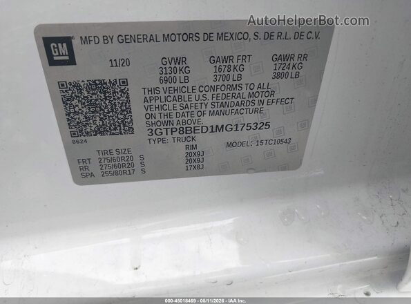 3GTP8BED1MG175325 2021 GMC SIERRA White ძრავის განყოფილების ხედი
