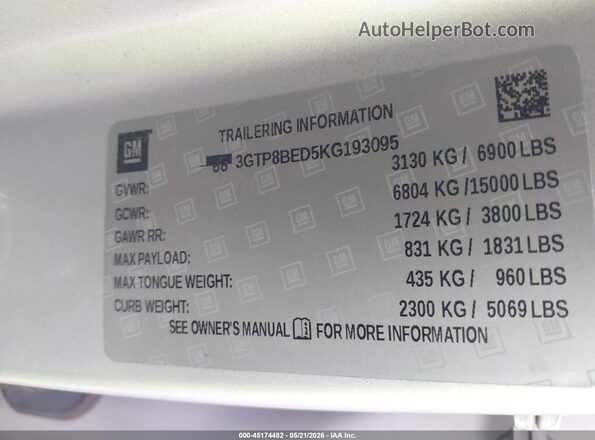 3GTP8BED5KG193095 2019 GMC SIERRA Silver ძრავის განყოფილების ხედი