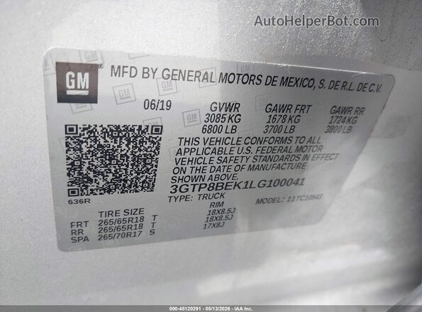 3GTP8BEK1LG100041 2020 GMC SIERRA Серебряный 