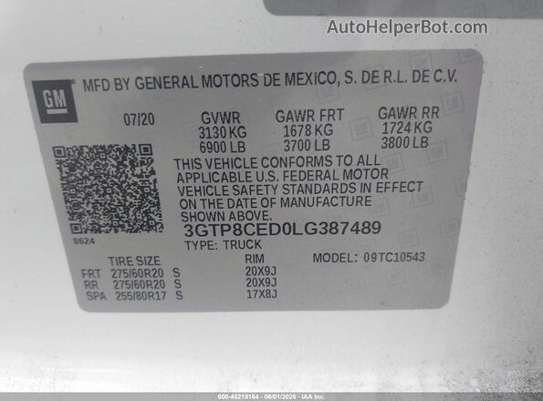 3GTP8CED0LG387489 2020 GMC SIERRA Белый Вид подкапотного пространства