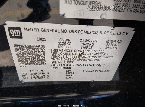3GTP8CED0NG108769 2022 GMC SIERRA Black Շարժիչի բաժամունքի տեսք