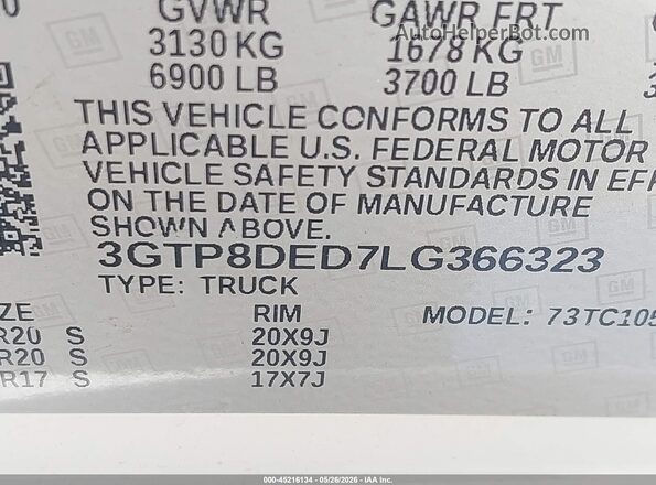 3GTP8DED7LG366323 2020 GMC SIERRA White Շարժիչի բաժամունքի տեսք