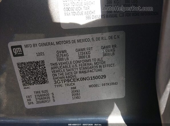 3GTP9CEK0NG150029 2022 GMC SIERRA Gray 