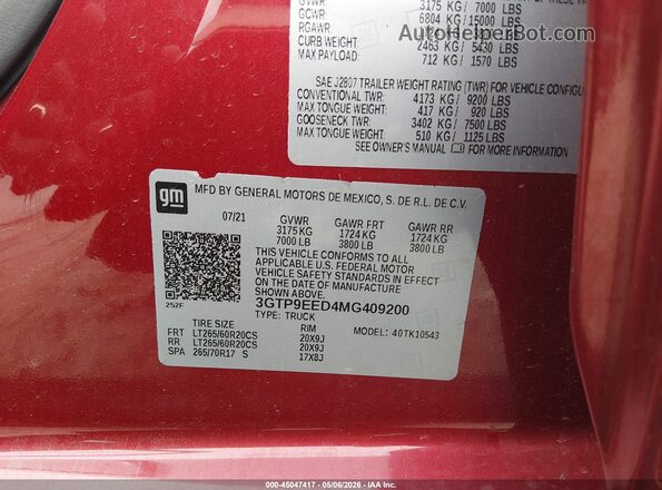 3GTP9EED4MG409200 2021 GMC SIERRA Red Engine compartment view