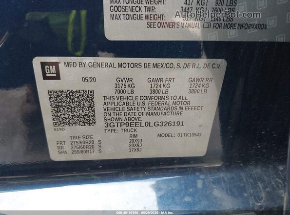 3GTP9EEL0LG326191 2020 GMC SIERRA Dark Blue Vista del compartimento del motor