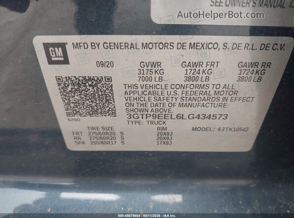 3GTP9EEL6LG434573 2020 GMC SIERRA Blue Вид підкапотного простору