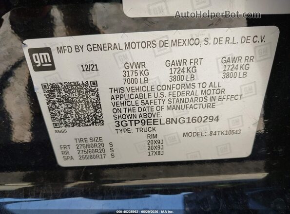 3GTP9EEL8NG160294 2022 GMC SIERRA Black Vista del compartimento del motor