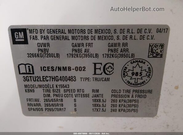 3GTU2LEC7HG400483 2017 GMC SIERRA White Շարժիչի բաժամունքի տեսք