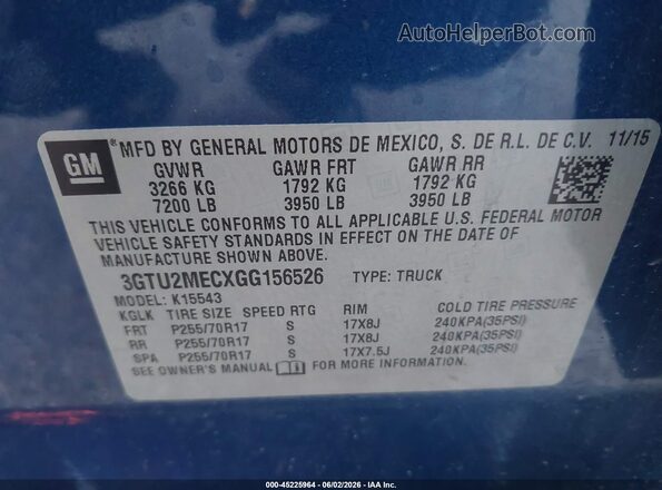3GTU2MECXGG156526 2016 GMC SIERRA Синий Вид подкапотного пространства