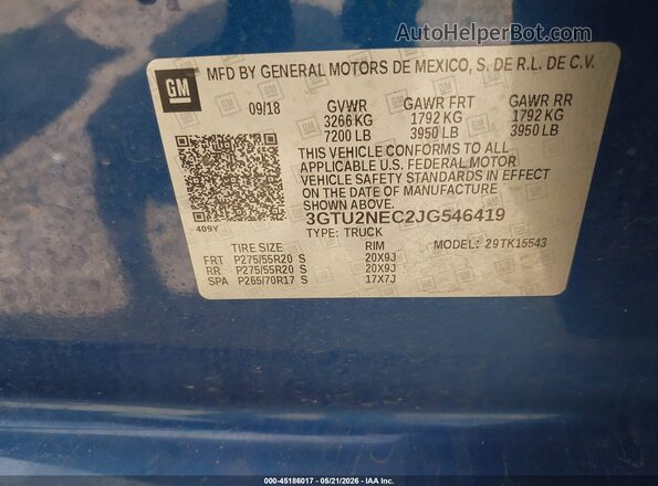 3GTU2NEC2JG546419 2018 GMC SIERRA Blue Вид підкапотного простору