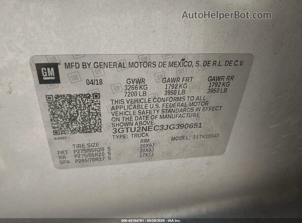 3GTU2NEC3JG390651 2018 GMC SIERRA Серый 