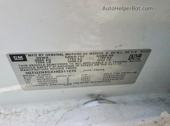 3GTU2NECXHG311275 2017 GMC SIERRA White 