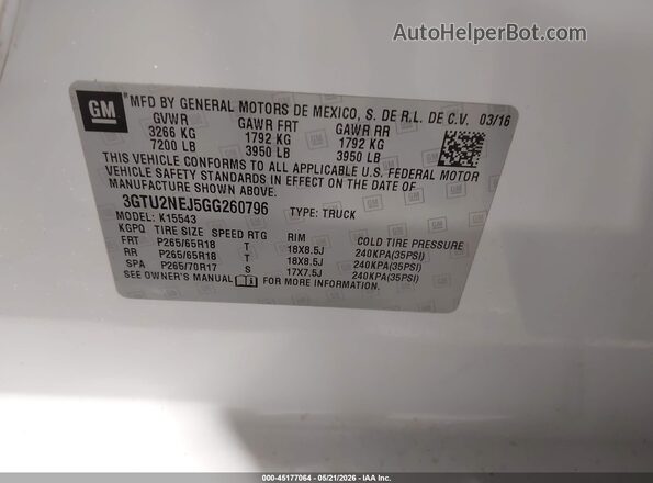 3GTU2NEJ5GG260796 2016 GMC SIERRA White 