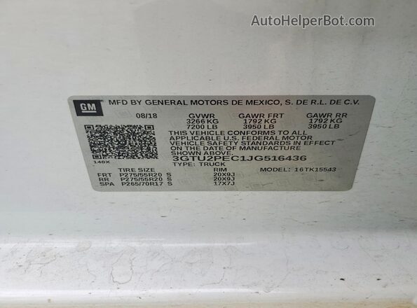 3GTU2PEC1JG516436 2018 GMC SIERRA White VIN sticker view