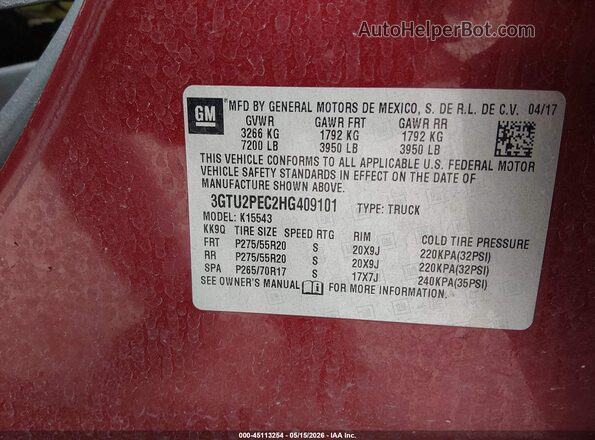 3GTU2PEC2HG409101 2017 GMC SIERRA Red ძრავის განყოფილების ხედი
