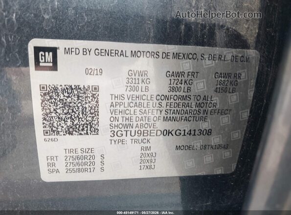 3GTU9BED0KG141308 2019 GMC SIERRA Blue ძრავის განყოფილების ხედი