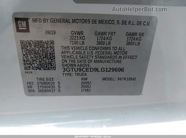 3GTU9CED9LG129696 2020 GMC SIERRA White ძრავის განყოფილების ხედი