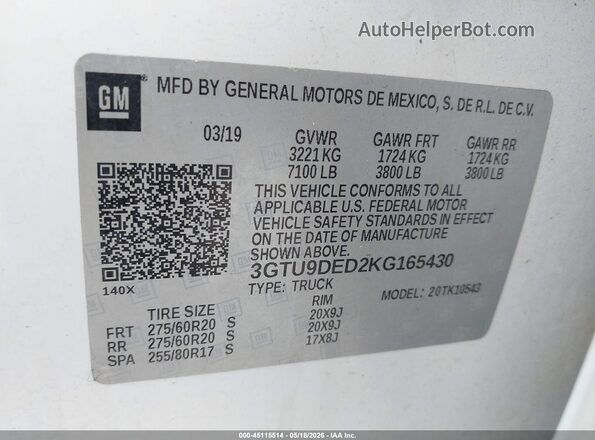 3GTU9DED2KG165430 2019 GMC SIERRA White Vista del compartimento del motor