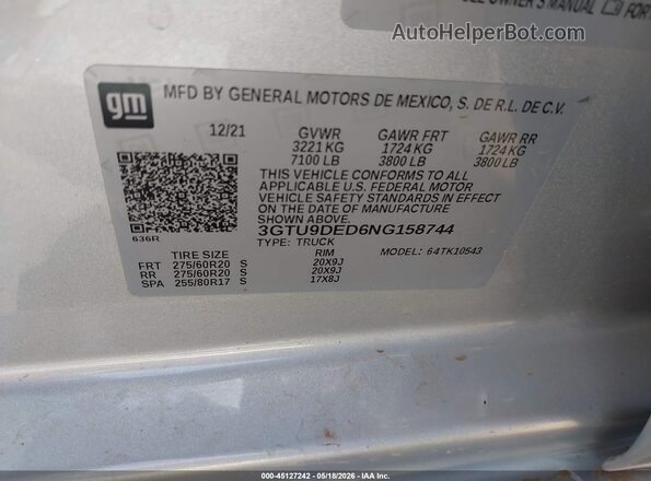 3GTU9DED6NG158744 2022 GMC SIERRA Silver ძრავის განყოფილების ხედი