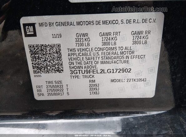 3GTU9FEL2LG172902 2020 GMC SIERRA Black Vista del compartimento del motor