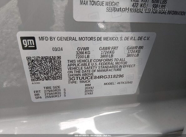 3GTUUCE84RG318296 2024 GMC SIERRA Gray Вид підкапотного простору