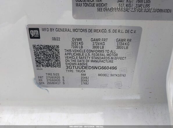 3GTUUDED5NG660496 2022 GMC SIERRA White Widok komory silnika