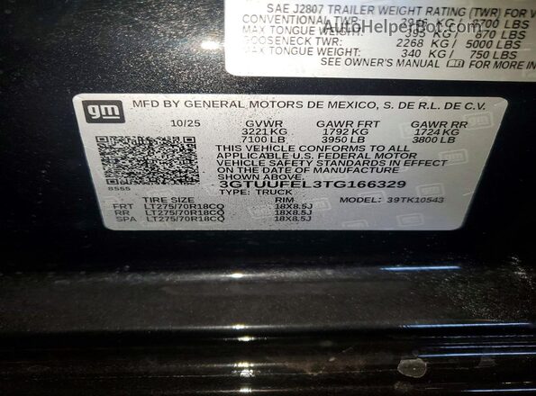3GTUUFEL3TG166329 2026 GMC SIERRA Black VIN կոդի պիտակի տեսք