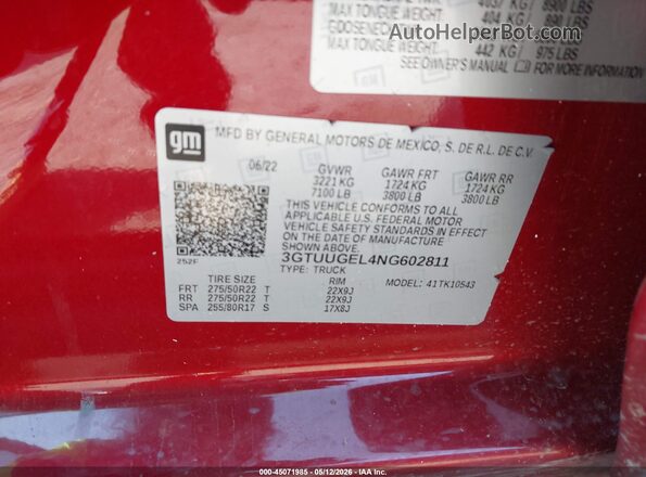 3GTUUGEL4NG602811 2022 GMC SIERRA Red Շարժիչի բաժամունքի տեսք