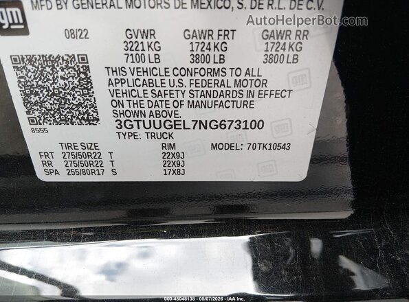 3GTUUGEL7NG673100 2022 GMC SIERRA Black 