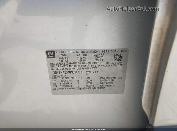 3GYFNAE34GS514760 2016 CADILLAC SRX Silver 