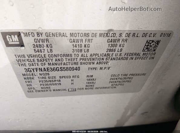 3GYFNAE36GS580940 2016 CADILLAC SRX Gray Շարժիչի բաժամունքի տեսք