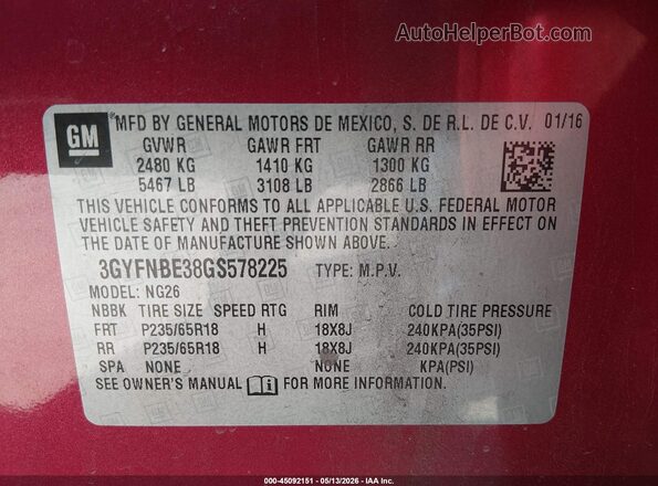 3GYFNBE38GS578225 2016 CADILLAC SRX Red Engine compartment view