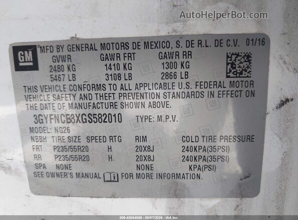 3GYFNCE3XGS582010 2016 CADILLAC SRX White Շարժիչի բաժամունքի տեսք