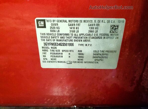 3GYFNEE34GS561956 2016 CADILLAC SRX Red 