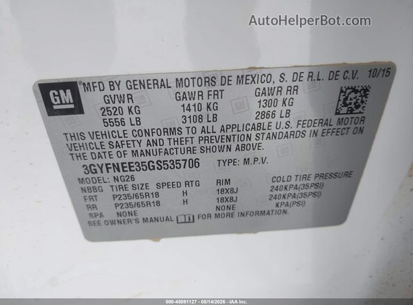 3GYFNEE35GS535706 2016 CADILLAC SRX Белый 