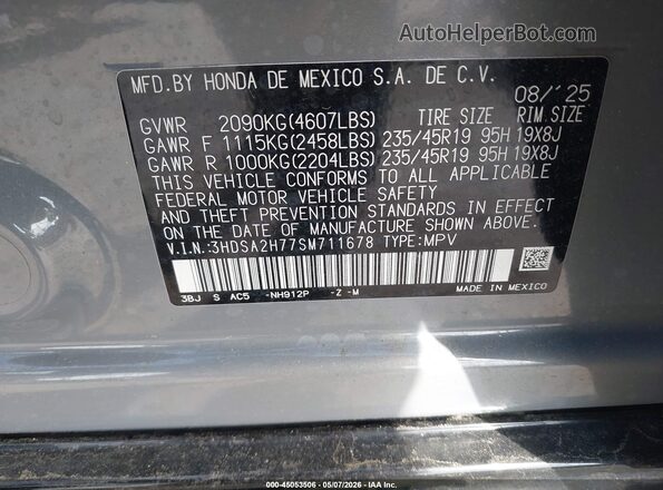 3HDSA2H77SM711678 2025 ACURA ADX Gray Շարժիչի բաժամունքի տեսք